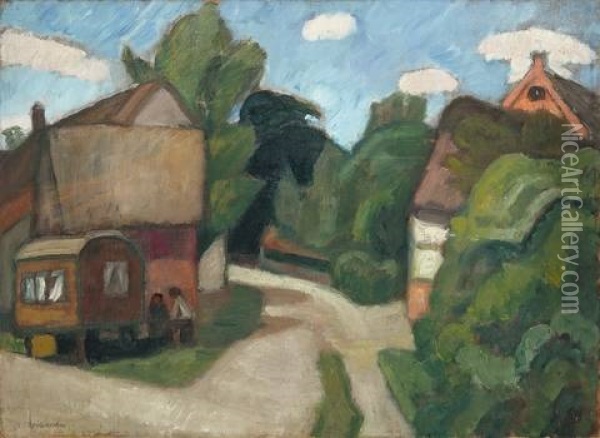 Dorfstrasse Mit Grossem Wagen (+ Composition, Verso) Oil Painting - Otto Modersohn