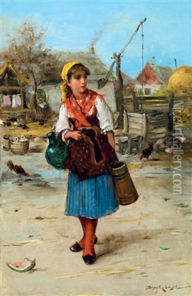 Girl With Red Kerchief Oil Painting - Lajos Bruck