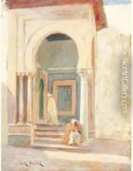 A L'entree De La Mosquee. Oil Painting - Albert Aublet