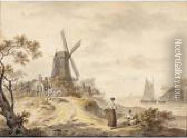 A Horsedrawn Cart With A Family 
Before A Windmill, Two Women Near The River, A Village In The Background Oil Painting - Hendrik Meijer