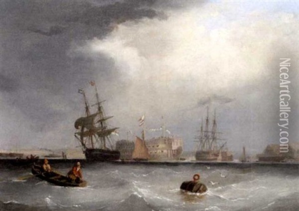 A Royal Navy Brig Departing From The Hamoaze With Other Shipping, Including An Ancient Hulk Beyond Oil Painting - Nicholas Matthew Condy