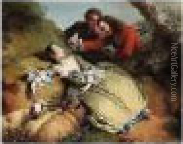 Young Men Waking A Sleeping Shepherdess Oil Painting - Christian Wilhelm Ernst Dietrich