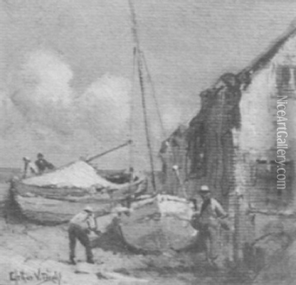 Figures And Boats On The Beach Oil Painting - Arthur Vidal Diehl