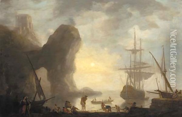 A harbour with a rock arch, a man-o'-war lowering its sails and fishermen pulling in their nets Oil Painting - Vernet Claude Joseph