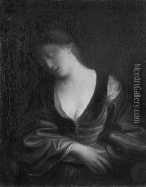 A Sleeping Girl, Wearing A Blue Velvet Bodice Oil Painting - Jean-Baptiste Santerre