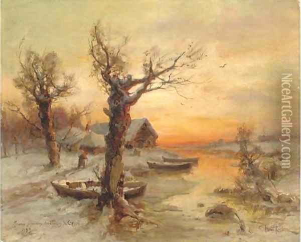 The riverside at winter Oil Painting - Iulii Iul'evich (Julius) Klever