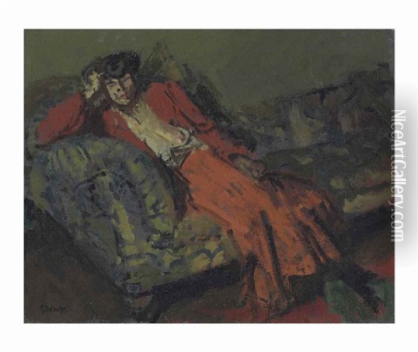 Woman In Red Against Green Oil Painting - Walter Sickert
