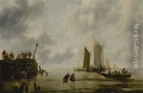 Seascape With Fishermen And Figures On A Pier Oil Painting - Jan Van De Cappelle
