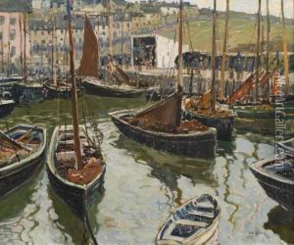 A Busy Cornish Harbor Oil Painting - Walter Elmer Schofield