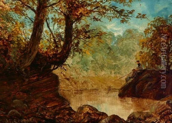 Figure Fishing In Wooded River Landscape Oil Painting - Jasper Francis Cropsey