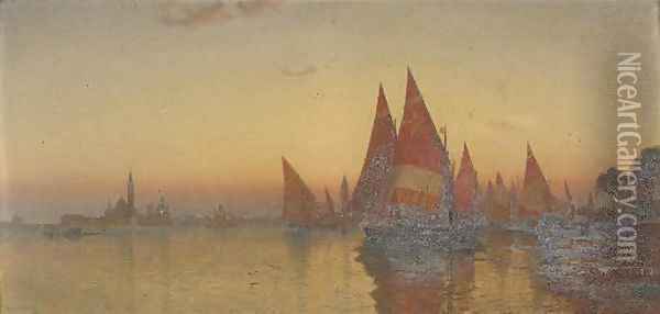 Vessels before Venice at dusk Oil Painting - Italian School