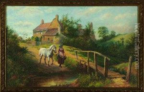 A Farm Girl Leading A Pony Across A River Ford Oil Painting - Wilson Hepple