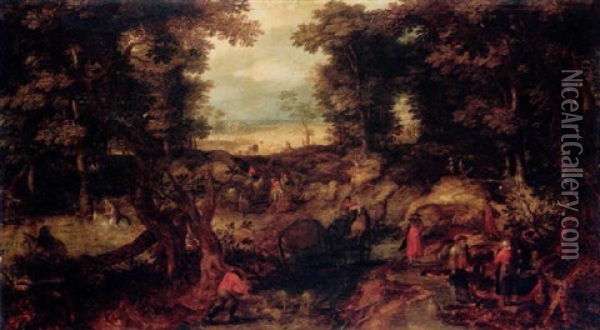 A Landscape With Travellers On A Forest Road Oil Painting - Jan Brueghel the Elder