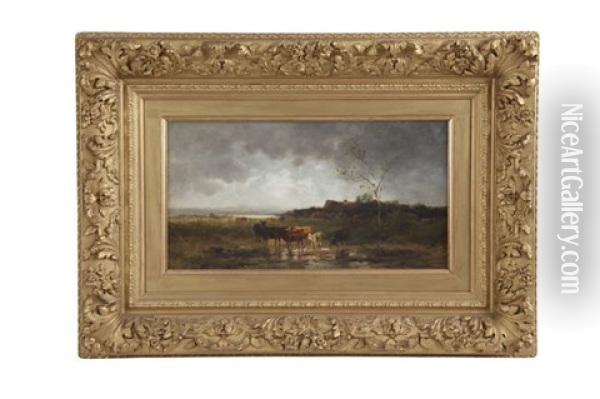 Cattle Watering In An Extensive Landscape With Storm Clouds Oil Painting - Anton Windmaier the Elder