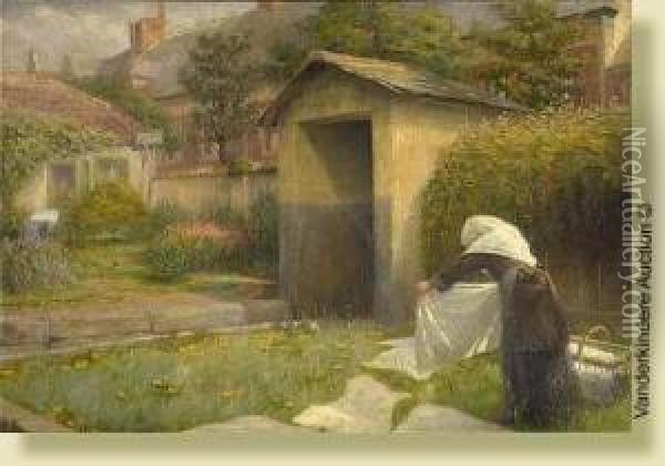Beguine Etendant Le Linge Dans Les Jardins Du Beguinagede Gand Oil Painting - Henri Van Melle