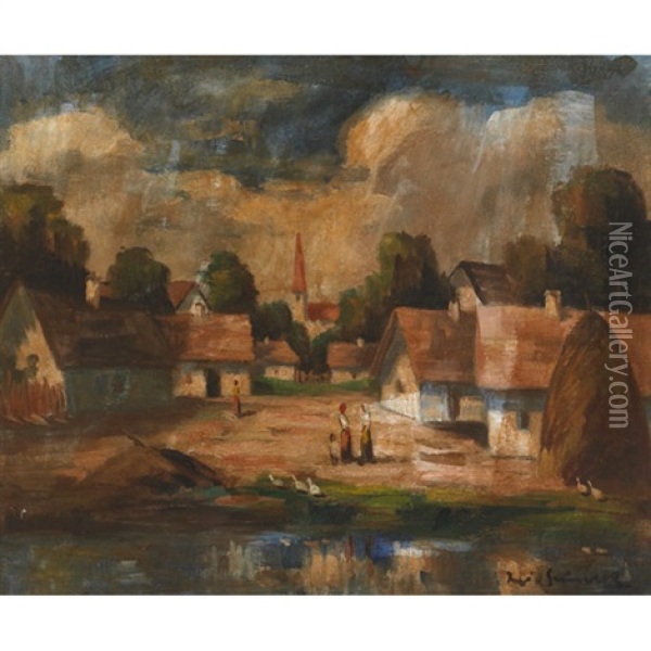 Village Scene Oil Painting - Bela Ivanyi Gruenwald