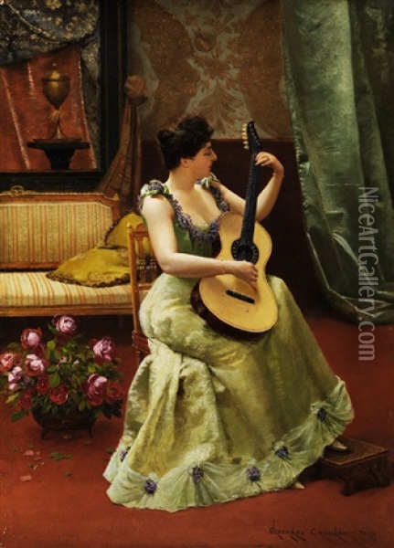 Dame Im Salon Beim Gitarrespiel Oil Painting - Georges Croegaert