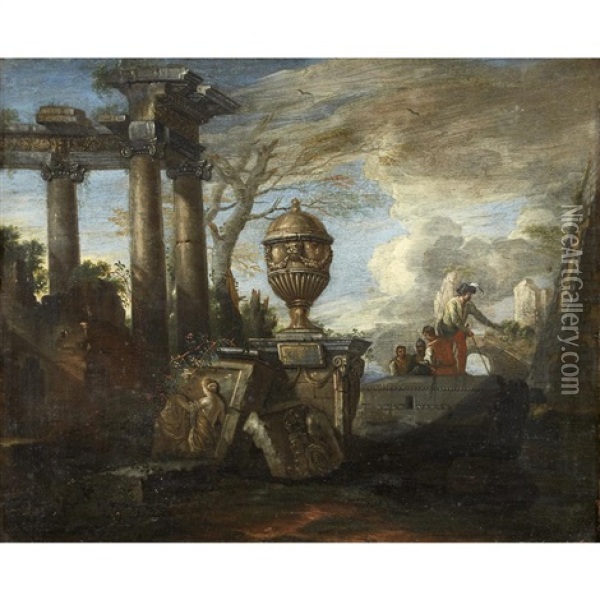 Capriccio With Ruins And Figures Oil Painting - Giovanni Paolo Panini