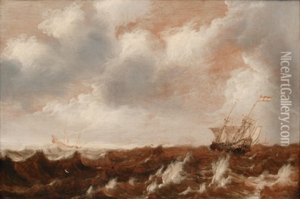 Dutch Ships In Stormy Sea Oil Painting - Pieter Van Der Croos