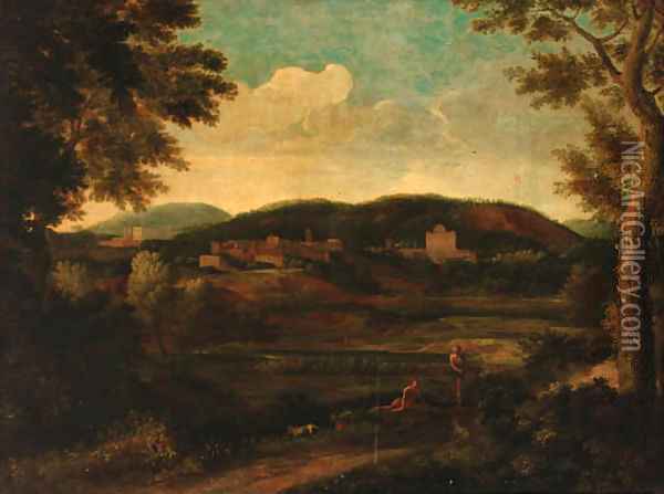 Figures in a classical landscape Oil Painting - Nicolas Poussin