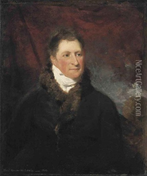 Portrait Of Henry Greswold Lewis In A Brown Fur-lined Coat, A Draped Red Curtain And Landscape Beyond Oil Painting - John Constable