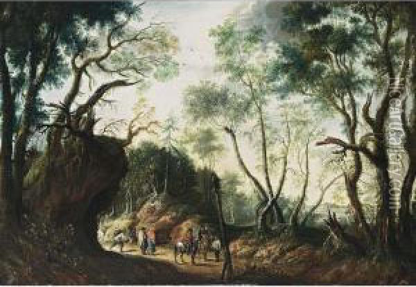 A Wooded Landscape With Horsemen And Travellers On A Path Oil Painting - Jan Wildens