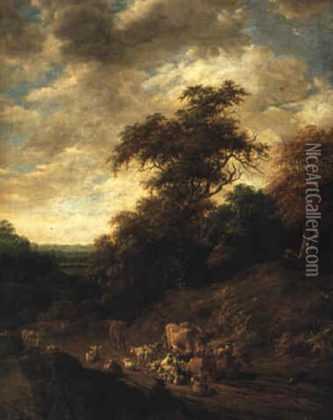 Landskap Med Boskap Pa V,g Oil Painting - Jacob Van Ruisdael