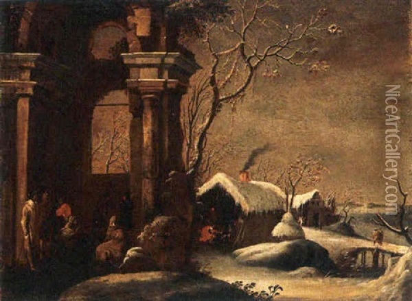 A Winter Landscape With Figures Hiding Against The Cold Amongst Ruins Oil Painting - Marco Ricci