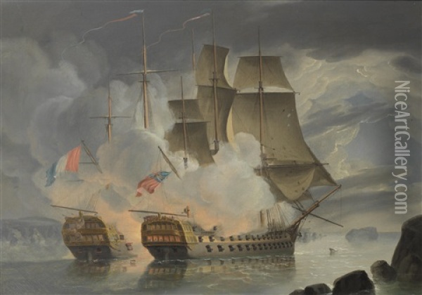The Furious Action Between H.m.s. Mars And The French 74 Hercule Off Brest On 21st April Oil Painting - John Christian Schetky