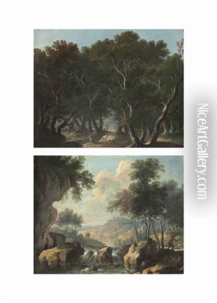 Travelers In A Wooded Landscape (+ Travelers And A Shepherd In A River Landscape; Pair) Oil Painting - Louis-Philippe Crepin