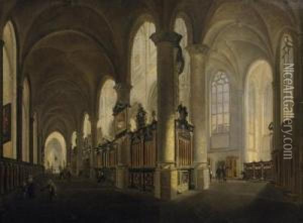 Indoor Scene At The Church With Figural Staffage. Signed And Dated Lower Left: ...nicolie 1816 Oil Painting - Josephus Christianus Nicolie