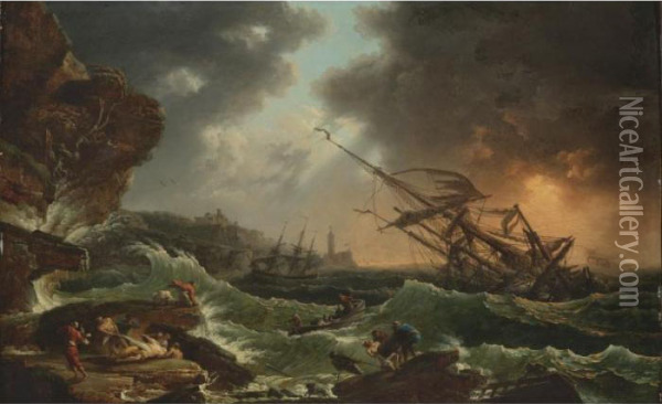 Ships Tossed On A Stormy Sea Oil Painting - Claude-joseph Vernet