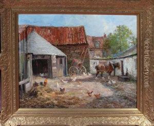 A Cart Horse And Poultry In A Farmyard Oil Painting - John Falconar Slater