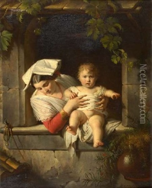 Maternal Cares (+ Another; Pair) Oil Painting - Giuseppe Mazzolini