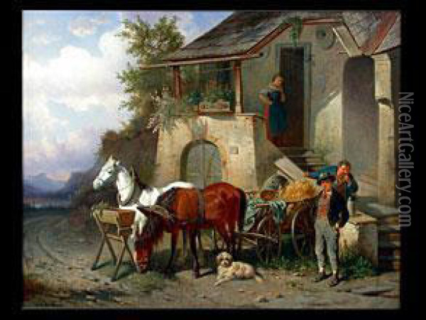Pferdegespann Vor Einem Gasthof Oil Painting - Adolf van der Venne