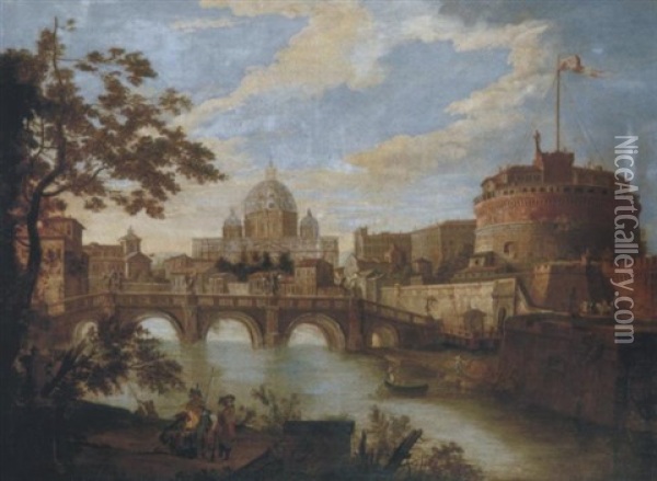The Tiber, Rome, Looking Downstream With The Castel And Ponte Sant'angelo, Saint Peter's And The Vatican, Santo Spirito In Sassia And The Janiculum Beyond, A Group Of Four Soldiers In The Foreground Oil Painting - Antonio Joli