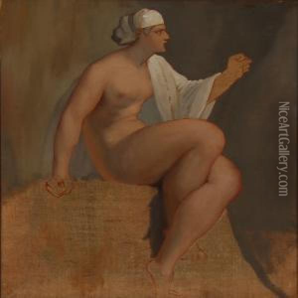 Female Nude With A White Head Cloth Oil Painting - Frans Schwartz