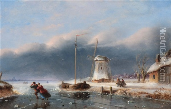 Skaters On The Ice Oil Painting - Nicolaas Johannes Roosenboom