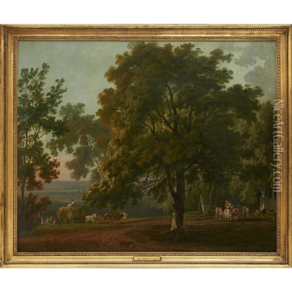 Woodland Landscape With Peasants Making Hay Oil Painting - George Barret