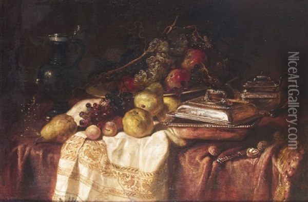 Fruit Still Life With Silver Vessels And Glass Oil Painting - Ludwig Adam Kunz