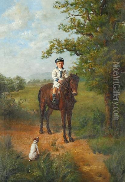 Boy On A Pony With A Dog In Parkland Oil Painting - William Giles