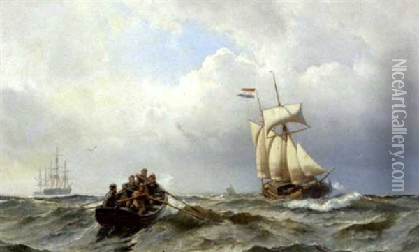 Hollandsk Sejlskib I Kanalen En Overskyet Blaesevejrsdag Oil Painting - Carl Johann Neumann
