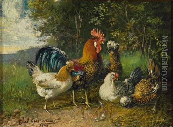 Hahn Mit Vier Hennen Am Waldrand Oil Painting - Julius Scheuerer
