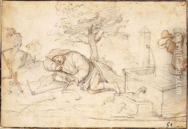 Two Peasants, One Resting By A Fountain While Another Drinks From A Flask Oil Painting - Federico Zuccaro