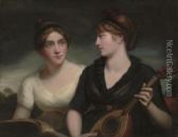 A Double Portrait Of Sisters, 
Half-length, One In A Black Dress Playing A Lute, The Other In A White 
Dress Holding A Musical Score, A Landscape Beyond Oil Painting - George Romney