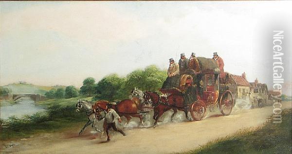 A Coach And Four Leaving An Inn Oil Painting - John Charles Maggs