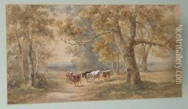 Drover And Cattle On A Lane; Travellers Resting Oil Painting - Henry Earp