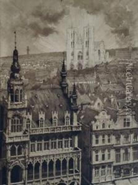 Sans Titre [vue Partielle De La 
Grand' Place De Bruxelles Et De La Cathedrale Saints Michel Et Gudule]. Oil Painting - Louis Titz