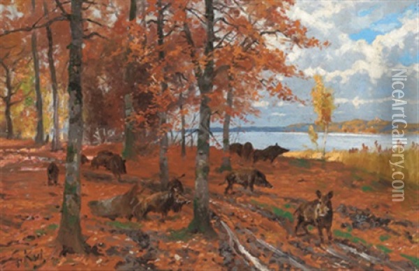 Wildschweine Am Flus Oil Painting - Georg Karl Koch