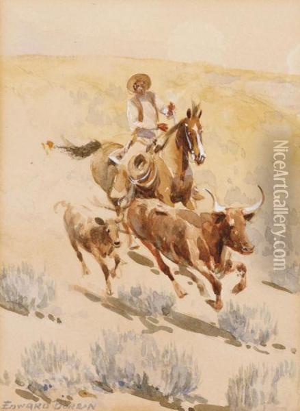 Cowboy Rounding Up A Longhorn And Calf Oil Painting - John Edward Borein